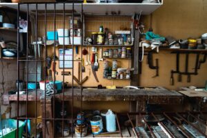 A well-used and well-stocked small woodwork shop