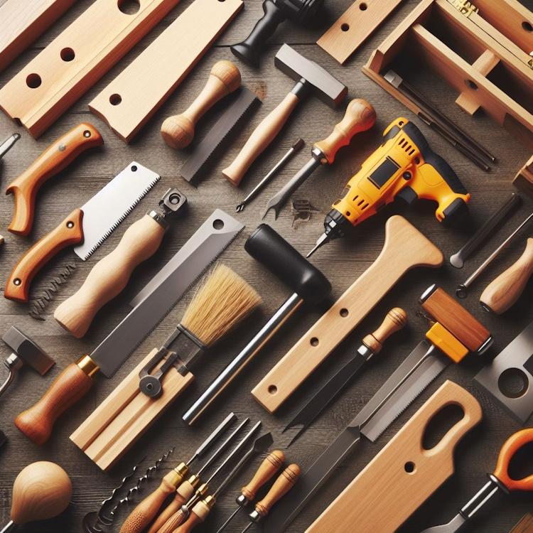 A well-organized display of a few, simple essential woodworking tools, showcasing saws, chisels, and safety equipment.