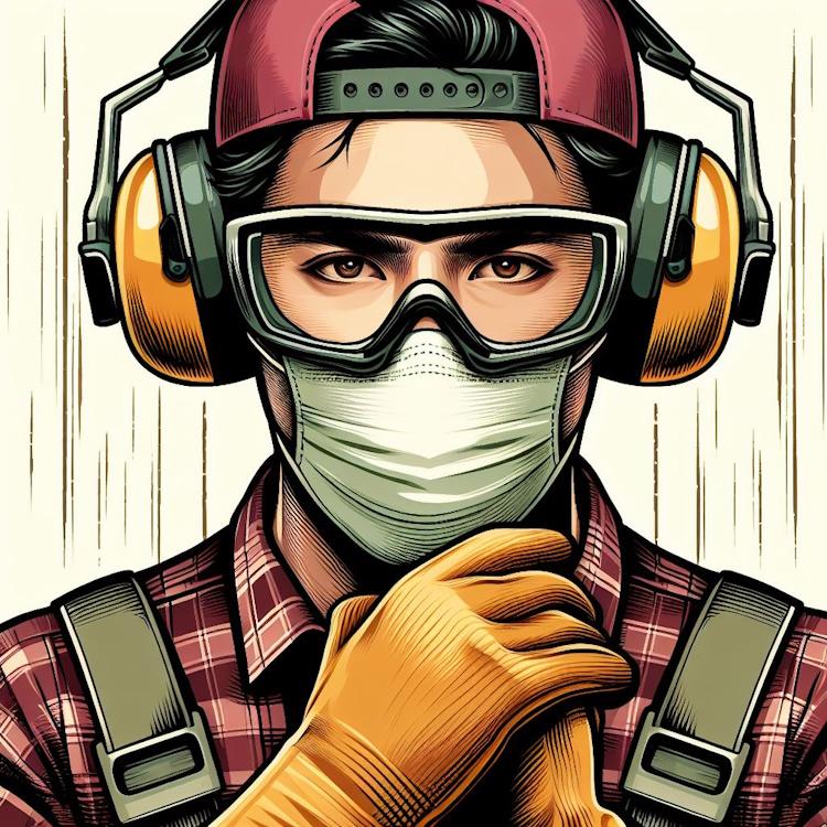 Illustration or photo of a safety-conscious woodworker with gloves, goggles, and ear protection.