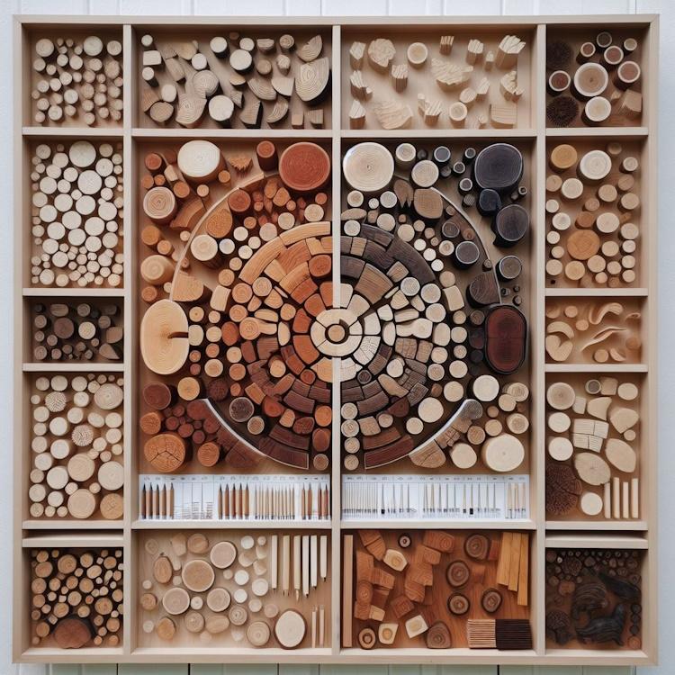Display of various wood types, highlighting the differences between hardwoods and softwoods.