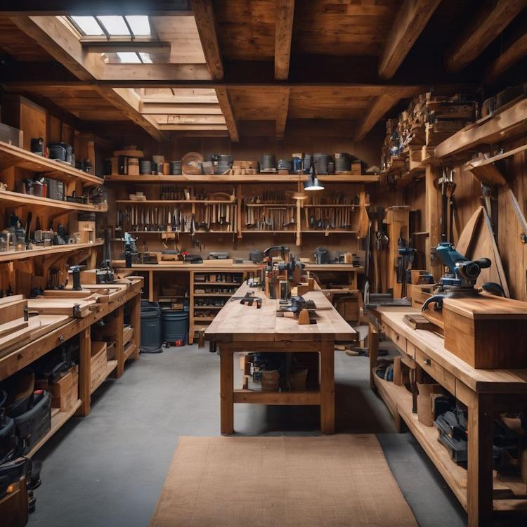 A fully-equipped woodworking shop with neatly arranged tools and workbenches, captured in crystal-clear 8K UHD.