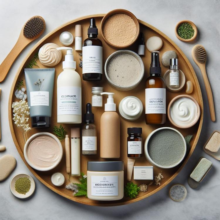 A flat lay of various skin care products, such as cleanser, toner, moisturizer, and sunscreen, arranged neatly on a wooden tray. 
