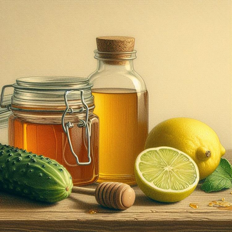 A still life of a jar of honey, a lemon, a bottle of apple cider vinegar, and a cucumber on a wooden table. 