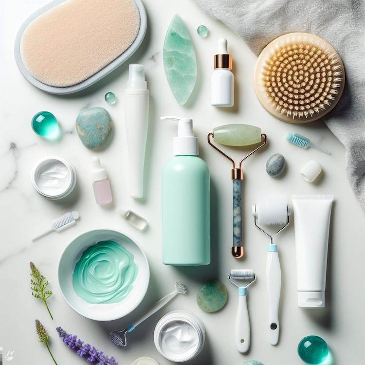 A flat lay of some skincare products and tools on a white marble surface. The products include a cleanser, a toner, a serum, a moisturizer, and a sunscreen. The tools include a facial brush, a jade roller, and a microneedle derma roller. 