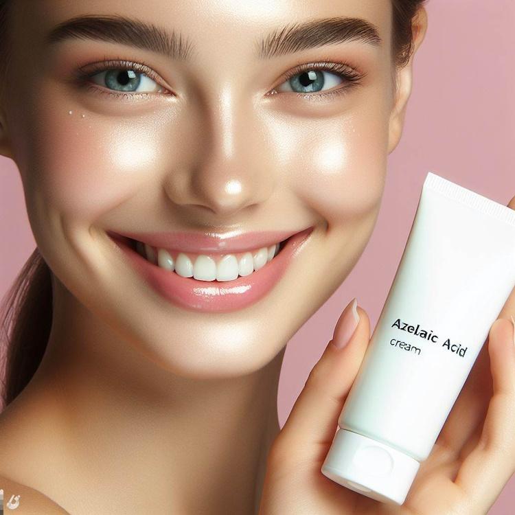 A close-up of a woman’s face with clear, glowing skin and a smile. She is holding a bottle of azelaic acid cream in her hand. The background is a soft pink color.
