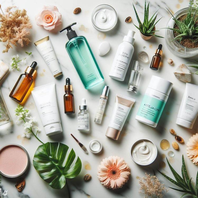 A flat lay of various skincare products containing azelaic acid, such as cleanser, serum, moisturizer, and sunscreen. 