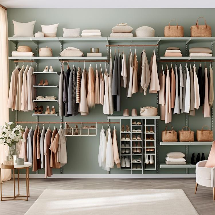 A well-organized closet with neatly hung and folded clothes, showcasing efficient use of space.