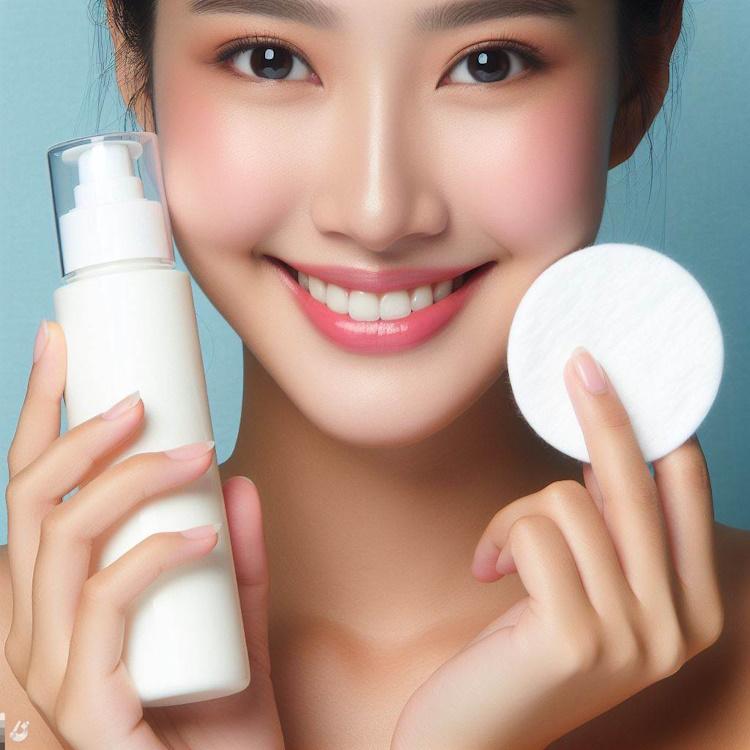 A woman with combination skin smiling and holding a bottle of moisturizer in one hand and a cotton pad in the other.