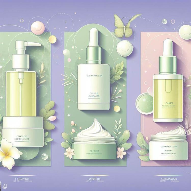 A collage of four different skin care products for combination skin: a gentle cleanser, a toner, a serum, and a cream