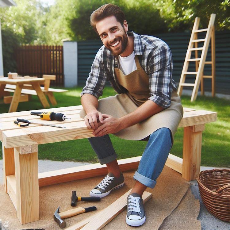 A person happily building a wood bench outdoors.