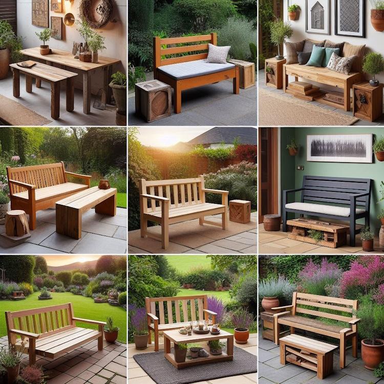 A collage showcasing various finished wood DIY benches in different settings (garden, porch, patio)