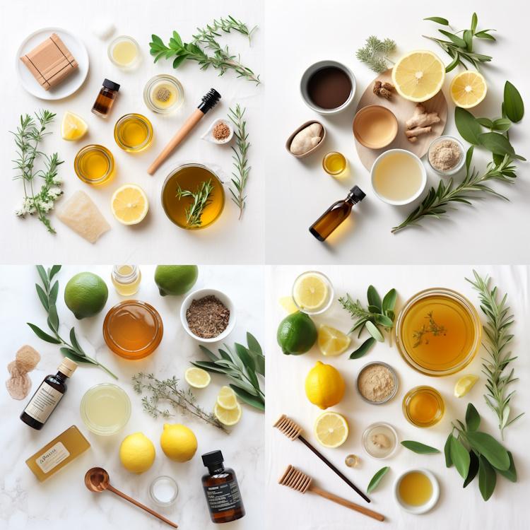 A flat lay of various natural ingredients and products that can help with acne, such as honey, lemon, aloe vera, tea tree oil, and green tea. 
