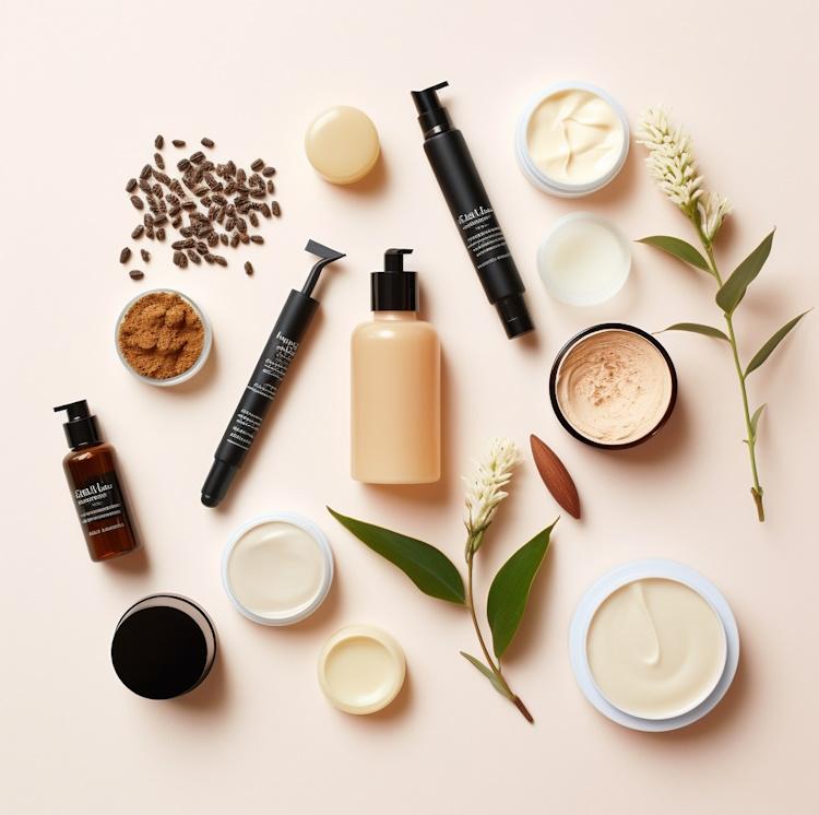 A flat lay of various skincare products containing glycolic acid, such as cleanser, toner, moisturizer, and mask