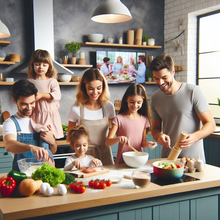 A family cooking together with a TV in the background.