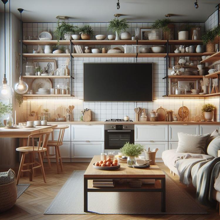A cozy kitchen with a perfectly sized TV mounted on the wall.