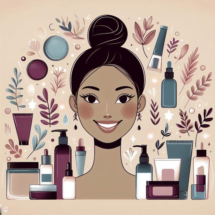 A whimsical illustration of a woman with a radiant smile and glowing skin, surrounded by various skincare products such as bottles, jars, and tubes. 
