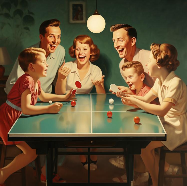 Happy family and friends gathered around a ping pong pool table combo.
