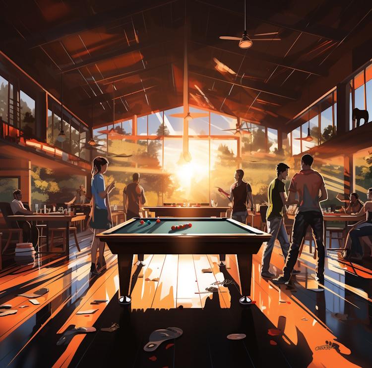 A vibrant, engaging image representing a combination of billiards and ping pong activities, with people enjoying both games.