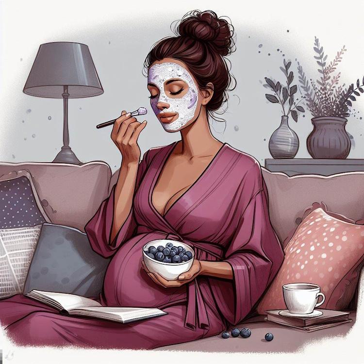 A pregnant woman in a plum-colored robe applying a homemade face mask made of yogurt and blueberries.