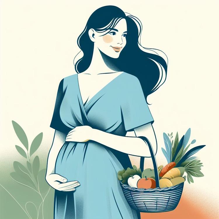 A pregnant woman in a light blue dress holding a basket of fresh fruits and vegetables.