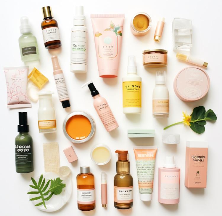 A flat lay of various skincare products, such as cleansers, moisturizers, sunscreens, and masks, arranged on a white background. 