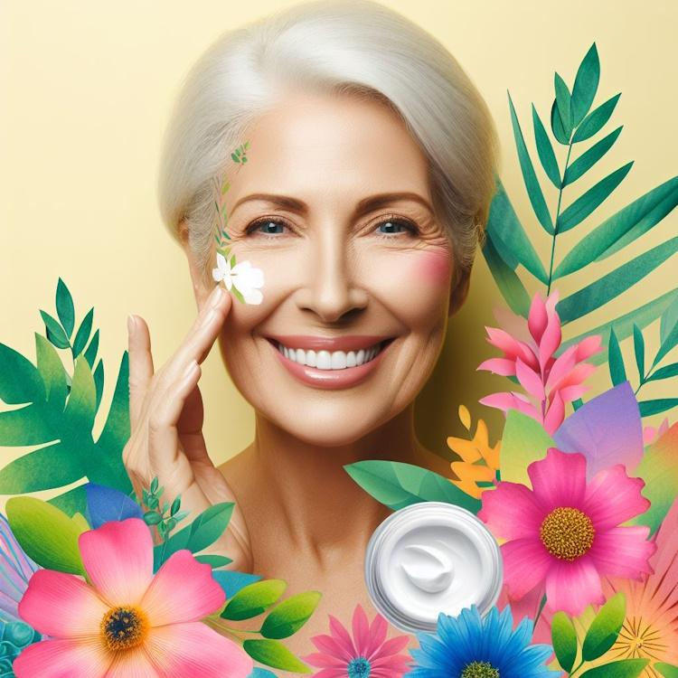 An older woman with a radiant smile applying moisturizer to her face, surrounded by flowers and plants.