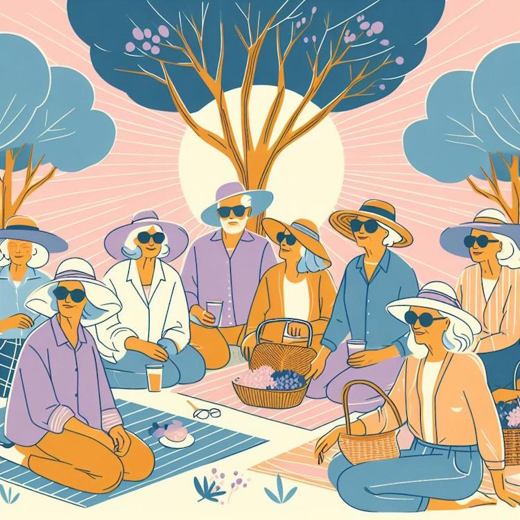 A group of elderly women enjoying a picnic under a tree, wearing hats and sunglasses.