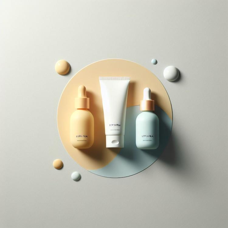 A minimalist composition of three skincare products from Sephora, each with a different shape and color.