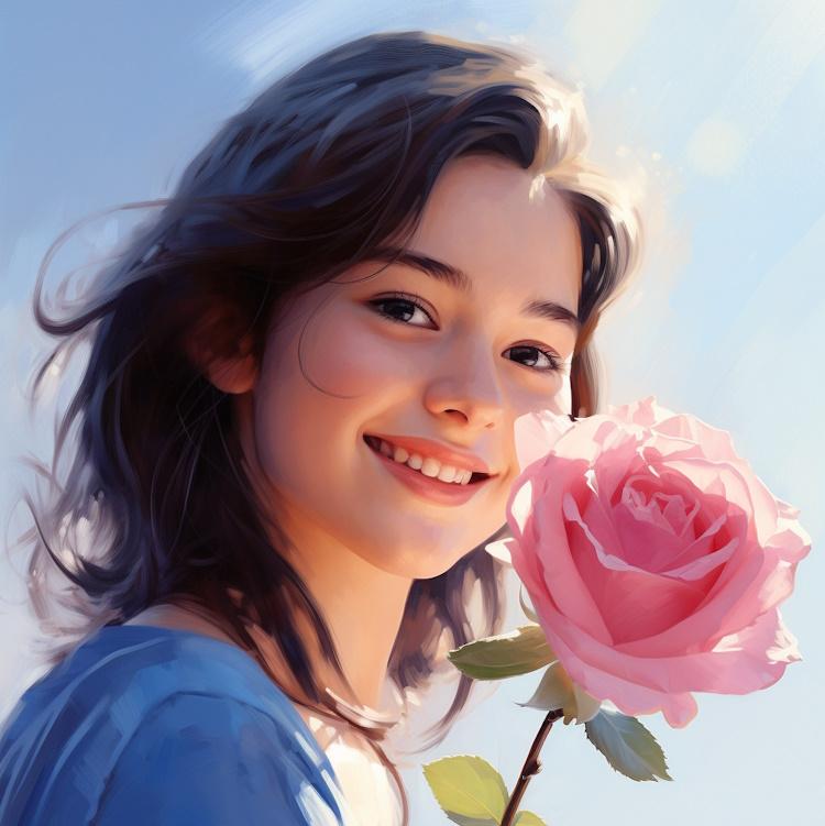 A close-up of a teenage girl smiling and holding a pink rose near her cheek.