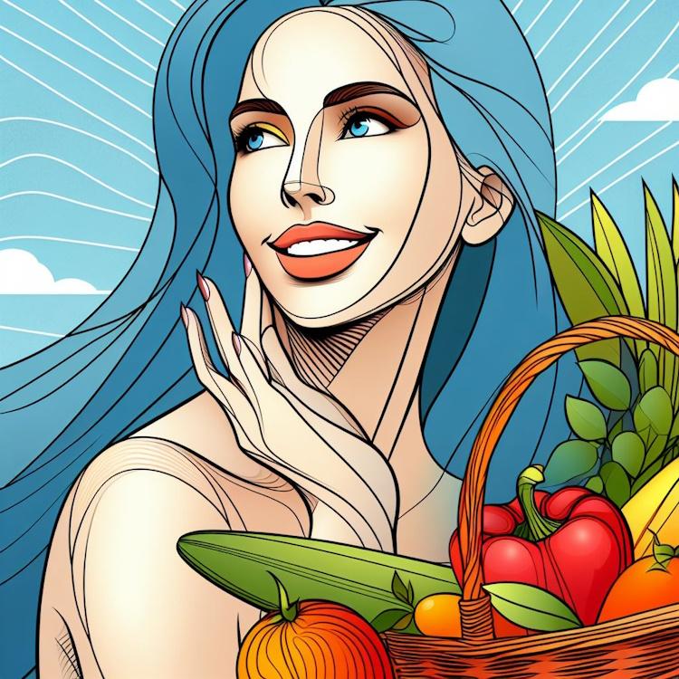 A woman with smooth and radiant skin smiling and holding a basket of colorful fruits and vegetables. The background is a light blue sky with white clouds. The image is drawn with bold and sinuous lines and bright colors, inspired by Wanda Gag’s style.