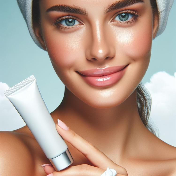 A close-up of a woman’s face with clear, smooth skin and a confident smile. She is holding a tube of tretinoin cream in her hand.