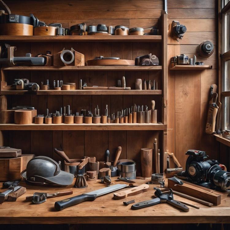 A set of woodworking tools neatly arranged on a wooden workbench in a bustling workshop.