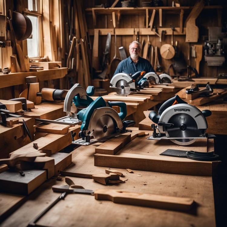 an assortment of circular saws in a woodworking shop