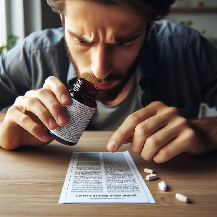 a person intently reading the small print on a bottle to learn about the side effects