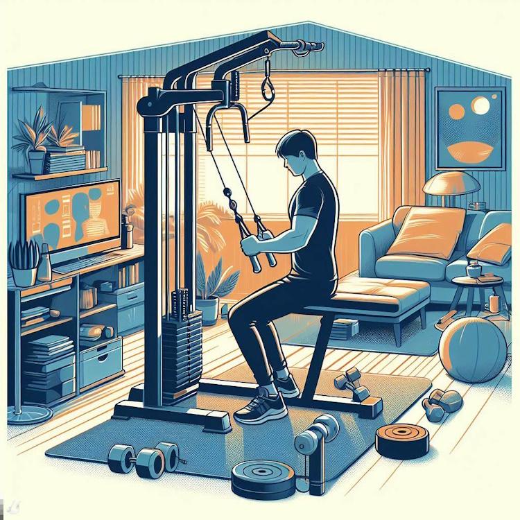 An illustration of a person using a BowFlex cable machine in their home gym.