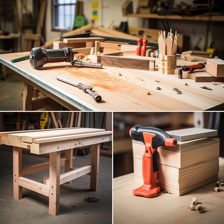 A collage featuring essential workbench materials, such as lumber, screws, wood glue, and sandpaper.
