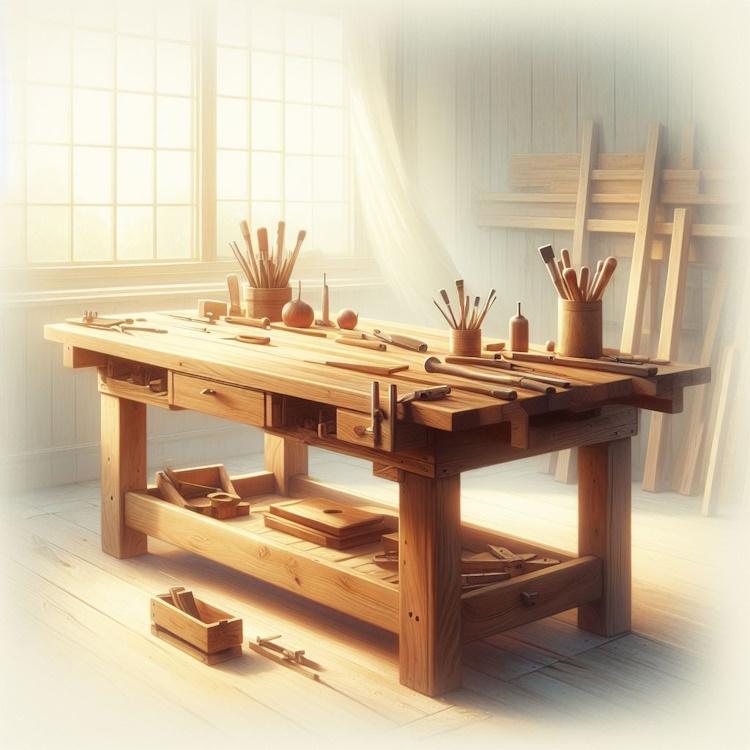  an enchanting digital painting that encapsulates the essence of DIY creativity and the satisfaction of building one’s own workbench. 