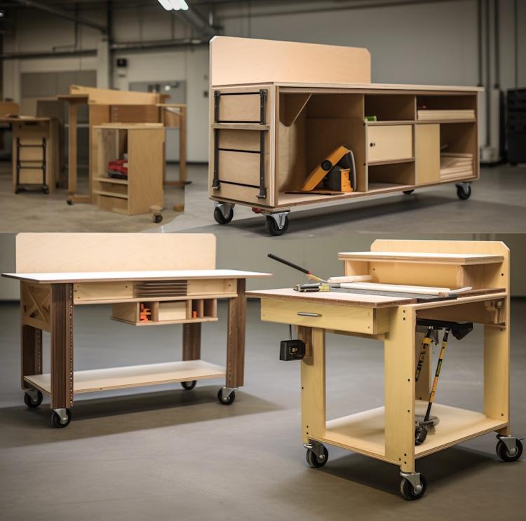 Examples of traditional, mobile, and foldable workbenches, illustrating design variety.