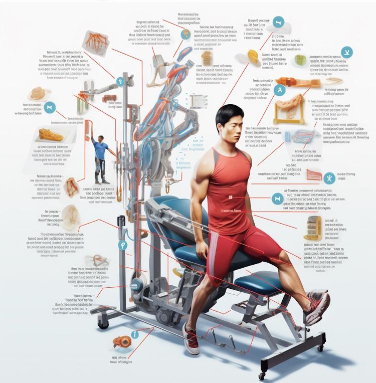 Collage showcasing different types of full-body workout machines (Treadmill, All-in-one gym, Rowing machine) with arrows pointing to various muscle groups