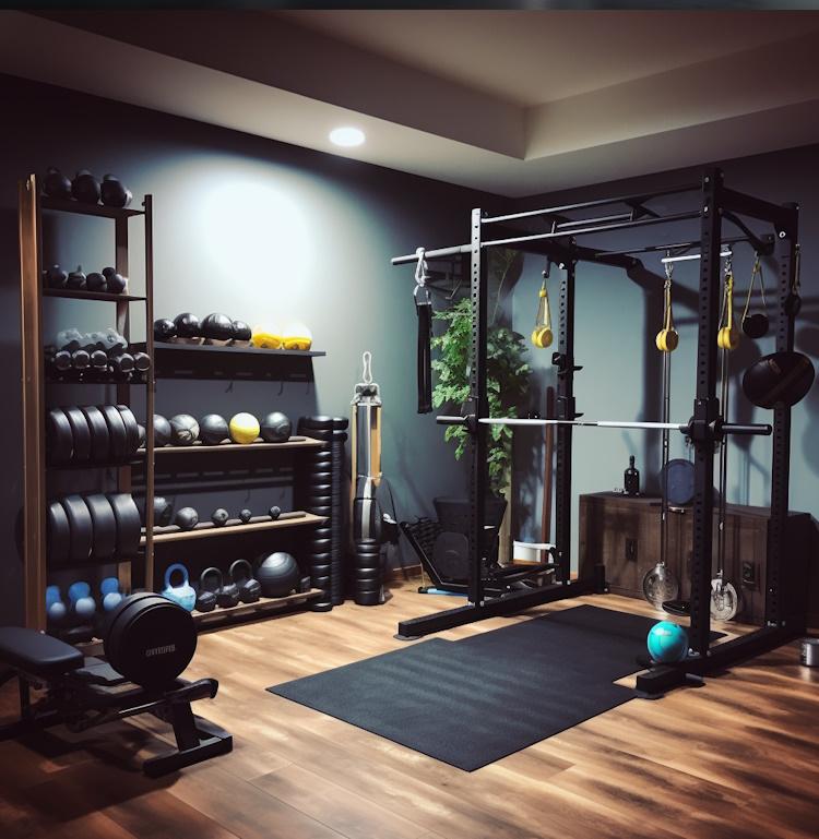 A diverse home gym setup with a prominent full-body workout machine as the focal point.