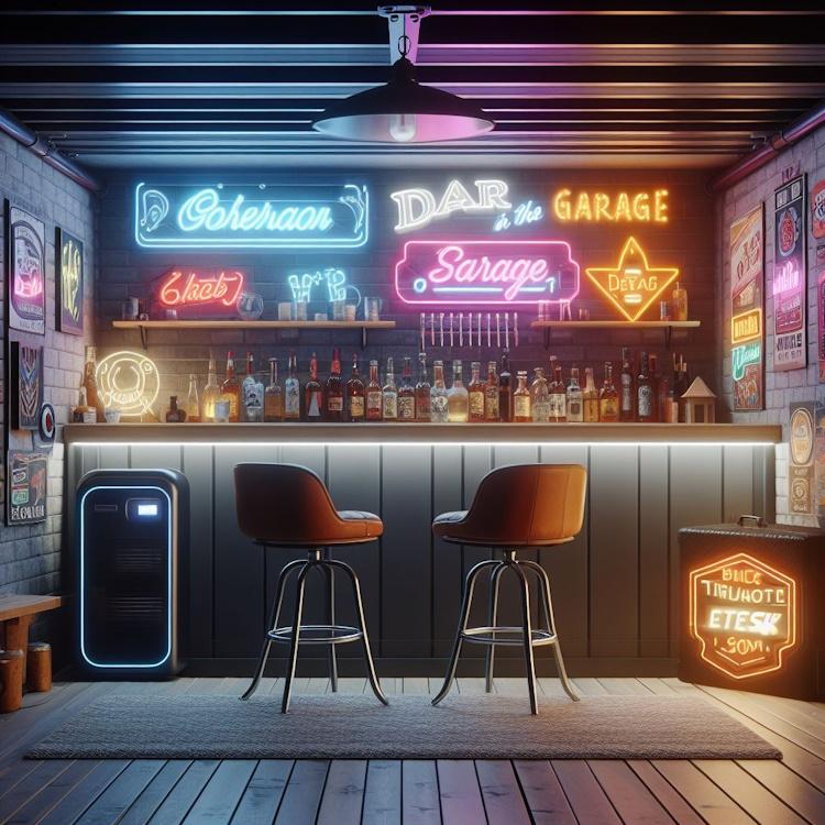 A well-designed garage bar with neon signs and mini-fridge.