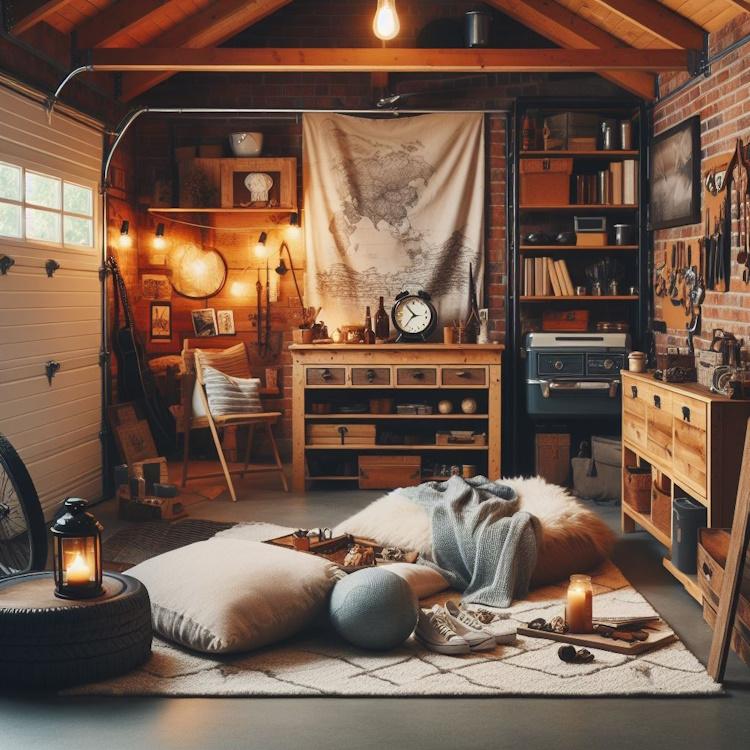 A garage being transformed into a cozy man cave
