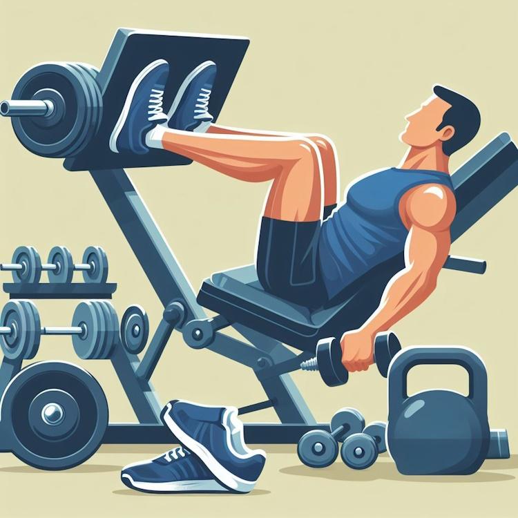 illustration of dumbbells, a leg press machine, and a person performing a leg exercise.