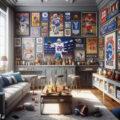 a decorated rec room with sports memorabilia and movie posters