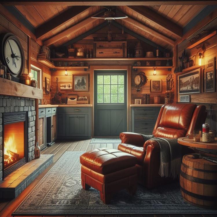A rustic and inviting man cave shed with a wood-burning fireplace, leather recliners, and a vintage jukebox, adorned with classic car memorabilia and neon signs, creating a warm and nostalgic atmosphere.