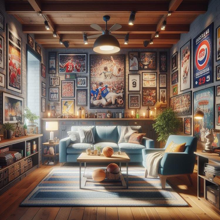 a decorated man cave shed room with sports memorabilia and movie posters