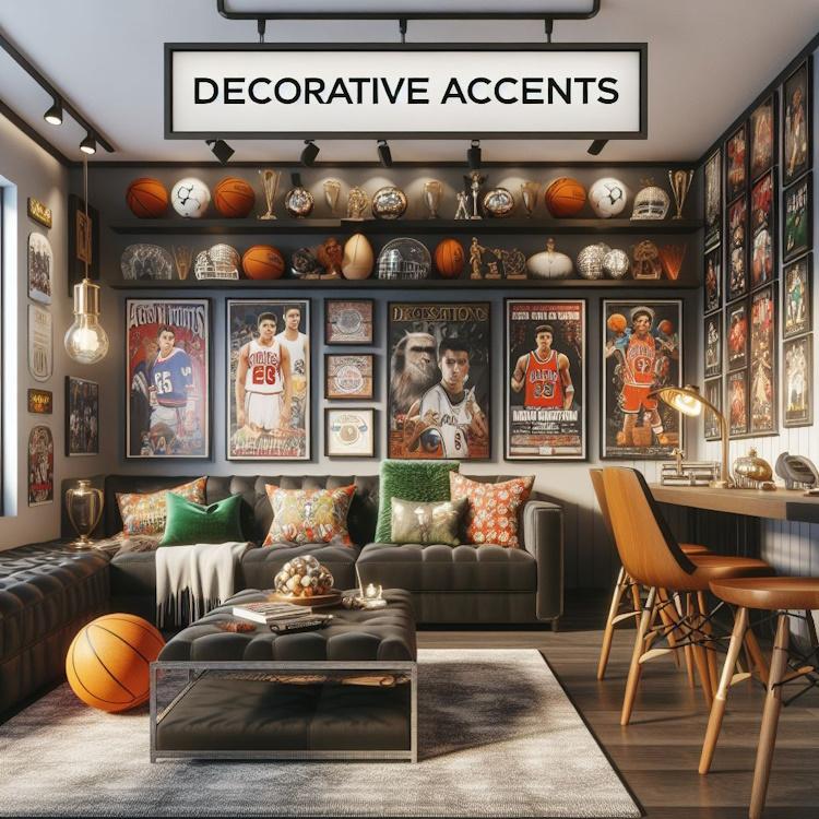 A rec room with well-displayed sports memorabilia, movie posters, and stylish lighting.