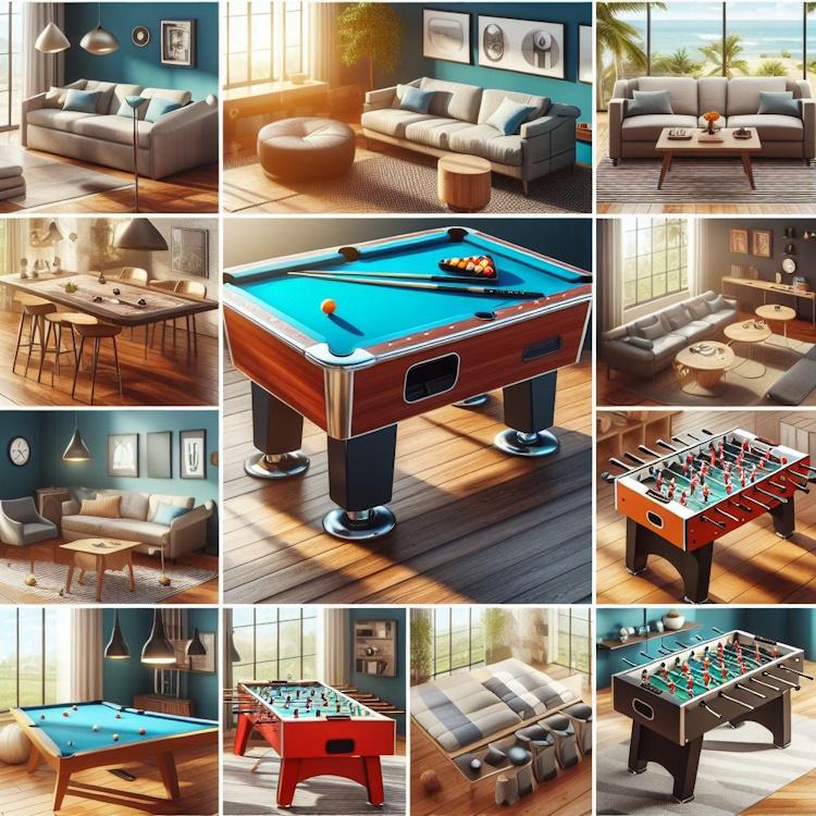 Collage featuring popular game tables like pool, foosball, and air hockey.
