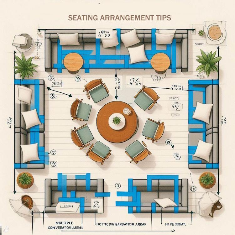 a visual guide on arranging seating to maximize comfort and socialization, emphasizing multiple conversation areas.