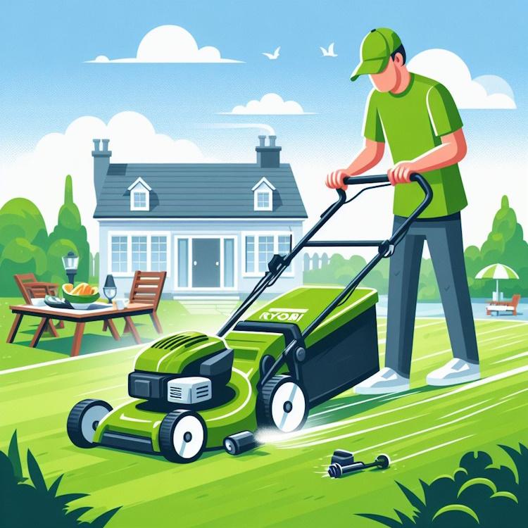 illustration of man mowing with ryobi lawn mower 